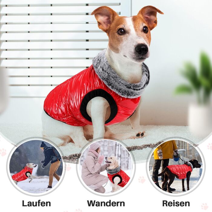 Водонепроникний собачий плащ з шлейкою, флісова комір-стійка, тепла зимова куртка для собак з подвійним блискавкою, куртка для собак з відбиваючими елементами, червоний, розмір S