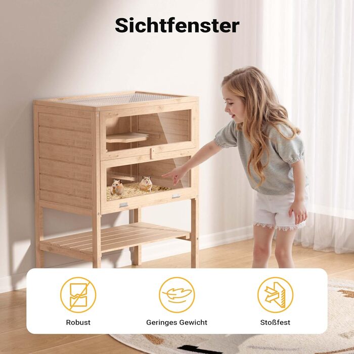 Клітка для тварин Wiltec 3-ярусна, 600x400x800 мм, дерев'яна, з відкидним верхом та оглядовим вікном, для мишей, хом'яків, 600 x 400 x 800 мм