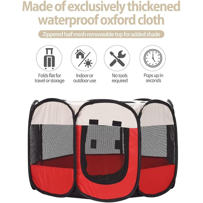Клітка-манеж для тварин XhuangTech: собаки, коти, цуценята, 80x80x58.4 см, м'який матеріал, портативна, складна, для дому та вулиці, бежево-червона