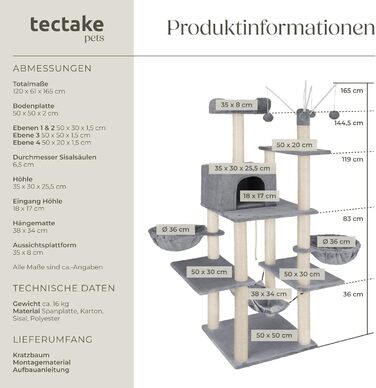 Дерево для котів tectake® XXL, велике, з лежаками, гамаком, будиночком, іграшками, мотузкою, стовпчиком для шліфування, чорний (сірий) - 165 см