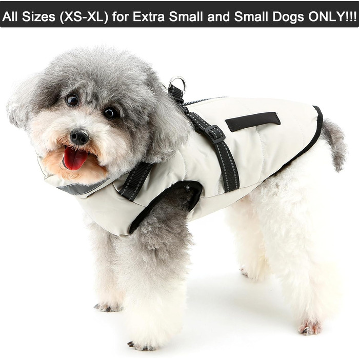 Зунеа Куртка для собак маленьких порід, тепла зимова куртка для цуценят з шлейкою, світловідбиваючі елементи, регульована застібка-блискавка, тепла флісова підкладка, сніговик, розмір XS/S, одяг для домашніх тварин, бежевий колір