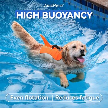 AMZNOVA Жилет для плавання собак Shark, жилет з ластами та плавником акули, рятувальний жилет для собак, для катання на човні, допомога у плаванні, легкий, L, (XL: 79-97 см (обхват грудей), яскраво-помаранчевий)