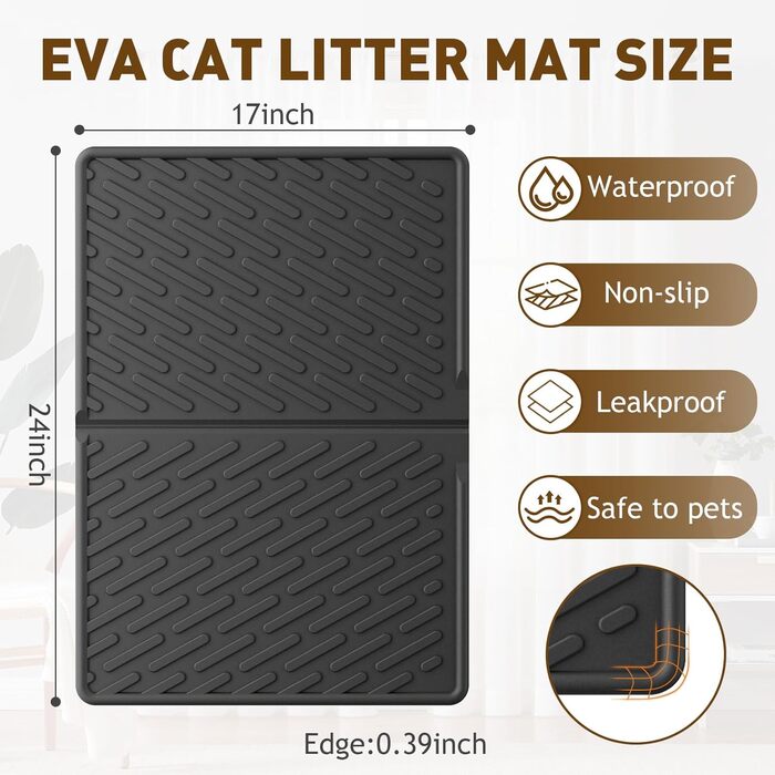 Килимок для котячого туалету EVA, водонепроникний, легкий у догляді, антиковзкий, з рельєфом і бортиками, для збору наповнювача, 61x43 см, чорний