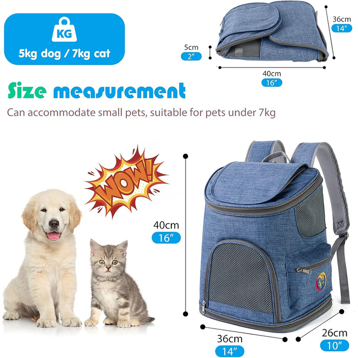 PETCUTE Рюкзак для собак, дихаючий, з м'яким матрацом, складний, з безпечною шлейкою, для подорожей, велосипеда, літака (Темно-синій 1)