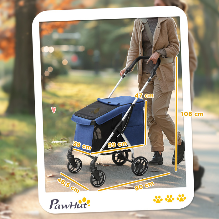 PawHut Коляска для собак Light Dog Buggy з алюмінію Складна для собак і кішок до 10 кг Cat Buggy з подушками Сітчасті вікна Двері Кошик для зберігання Котяча коляска Баггі Dark Blue | Аосом