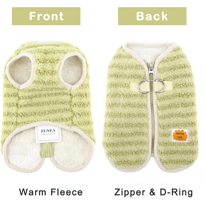 Теплий флісовий пуловер для собак Zunea, зимовий одяг для цуценят, куртка з D-поточкою, для чихуахуа, йоркширського тер'єра, XS/S, зелений