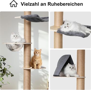 Дерев'яний кігтеточки FUKUMARU з 6 ярусами, сірий (280-300 см), для котів, з гамаком та капсулою