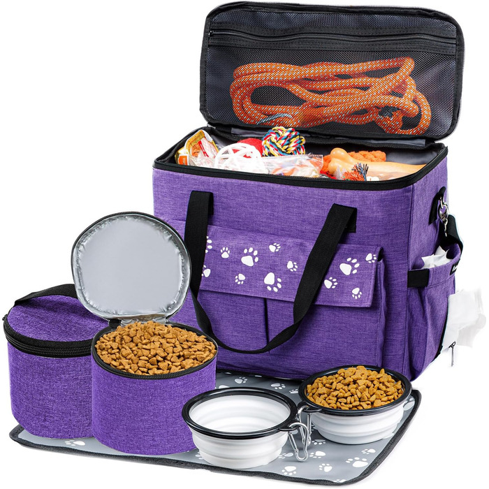 CLAWIST Сумка для собак, переноска для подорожей, XL, фіолетова. З контейнерами для корму та мисками. Відповідає вимогам авіакомпаній