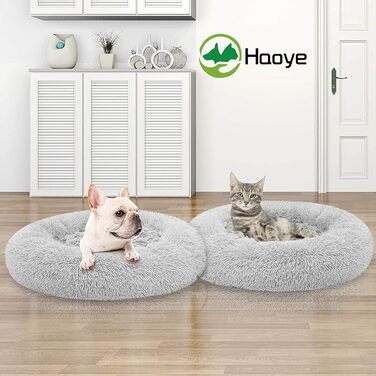 Кругле ліжко для собак та котів Haoye, плюшеве, Ø 50 см, сірого кольору