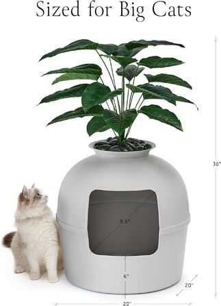 Прихований лоток для котів Bundle & Bliss з контролем запаху, декоративним огорожею, штучною рослиною, вугільним фільтром та натуральним камінням, колір світло-сірий