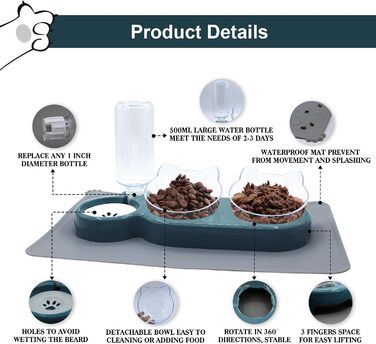 Набір мисок для котів та собак з диспенсером води, киликом та лопаткою, нахил 15°, миски для сухого та вологого корму, темно-синій