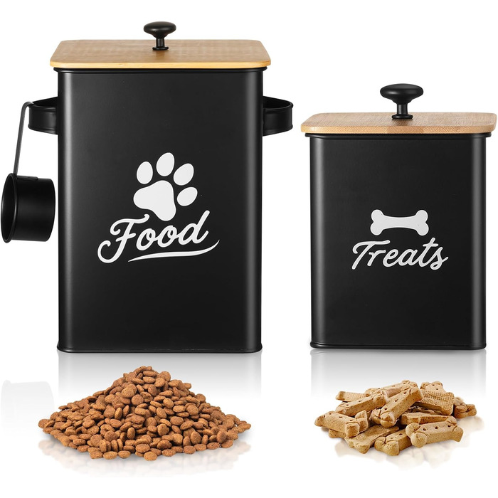 Контейнери для собачого ласощів 2 шт., Металеві контейнери для корму для собак з герметичними кришками, Чорний, 24 × 18 × 24,5 см