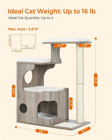 Котячий комплекс Feandrea WoodyWonders UPCT070G01, 86 см, сучасний котячий будинок-турнікет з 3 сидіннями, кігтеточка, мат, будиночок, 4 знімні пральні подушки, сіро-білий