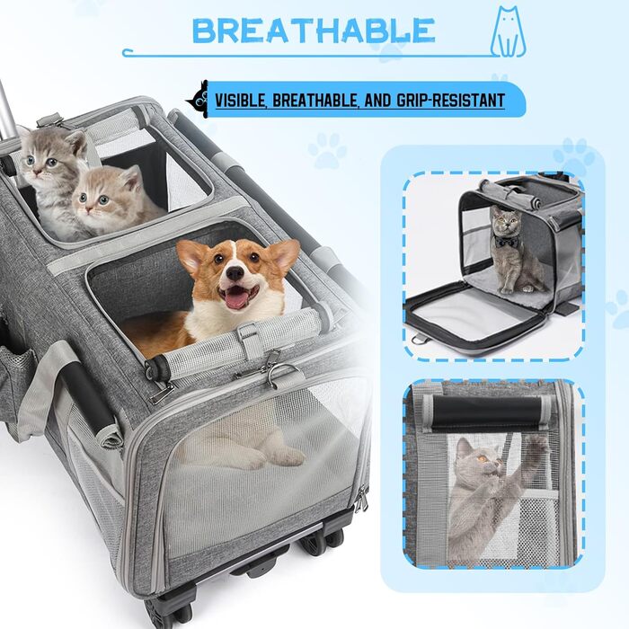 Велика переноска для тварин з двома відділеннями та колесами для кота/собаки, знімна складана переноска для 2 котів до 20 кг, вентильована переноска-рюкзак для котів для подорожей/походів/кемпінгу