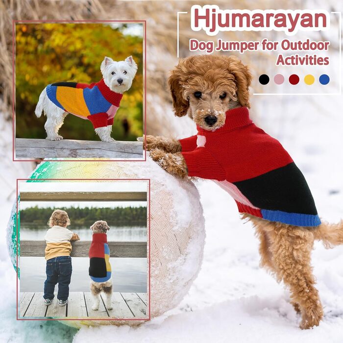 Вовняний пуловер для собак Hjumarayan, вінтажний стиль, отвір для повідка, блоковий колір, пуловер з коміром-стійкою для маленьких собак, теплий, червоний S