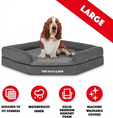 Ортопедичне ліжко для собак з memory foam, водонепроникне, кутове, середнього розміру, чорний плюш, для собак з артритом та дисплазією кульшових суглобів, терапевтичне та підтримуюче