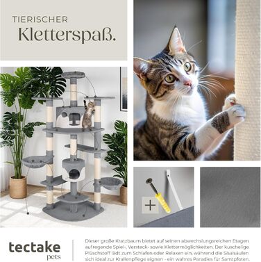 Великий котячий дряпак tectake XXL, з іграшками, лежанкою, двома будиночками, стовпчиками з сизалю, до стелі, сірий/білий
