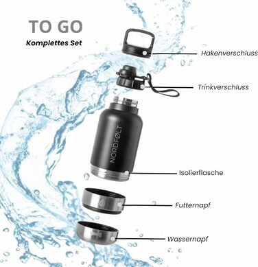 NORDFØLT® Поїлка для собак 4-в-1 з мисками для води та корму, 950 мл, ізотермо-пляшка з нержавіючої сталі, аксесуари для собак, BPA-Free