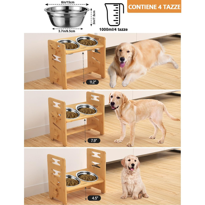 Підвищена годівниця для собак Vantic з підставкою, регульована висота, миска для маленьких собак та котів, з нержавіючої сталі, з двома мисками та протиковзкими ніжками (для середніх собак, бамбук)