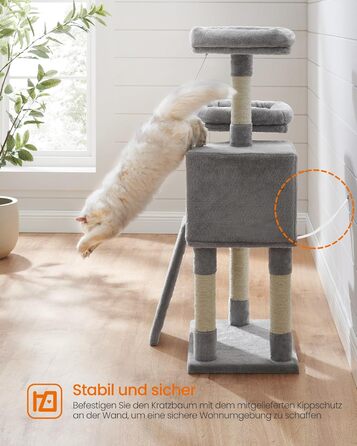 Дерево для котів FEANDREA Kratzbaum, 115 см, сірий, з платформою та когтеточкою, з м'якого плюшу, повністю обмотане сизалем, PCT141W01