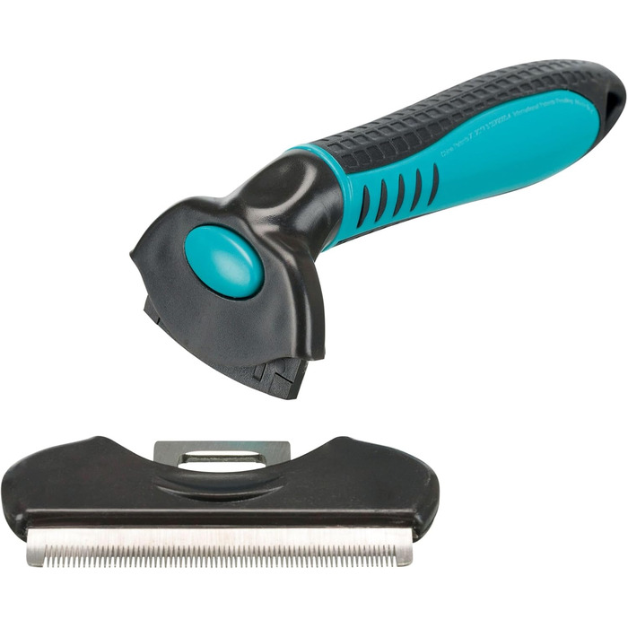 Тріксі Щітка для вичісування шерсті з ви змінним гребінцем - нержавіюча сталь, прогумований пластиковий ручка - чорний/синій - 8 x 14 см - 24173