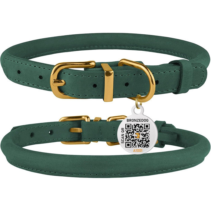 Нашийник для собак BRONZEDOG з м'якої шкіри з QR-ID, регульований, для малих, середніх та великих собак, кошенят (Смарагдовий, 40-48 см)