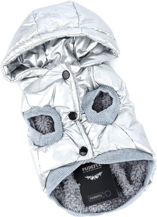 PAIDEFUL Зимовий теплий пуховик для собак - куртка з капюшоном для маленьких собак, чихуахуа, котів. Розмір M, сріблястий колір. Водонепроникний, вітрозахисний. Довжина спини 25 см, обхват грудей 37 см.