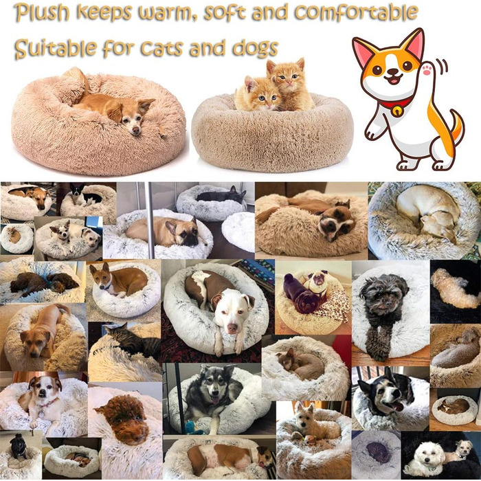 Кругле ліжко для собак FANSU з м'якого плюшу, ковзаюча база, ліжко для котів, розмір та колір обираються (Помаранчевий, 60см), 60см, Помаранчевий