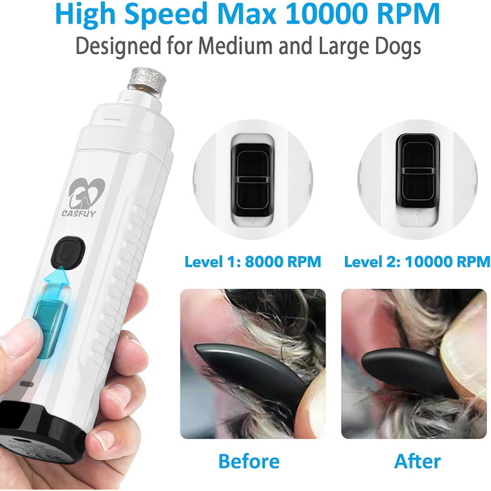 Електричний точило для собачих кігтів Casfuy з 2 LED-лампами - 4.8V, 2 швидкості, для середніх собак, тихе, перезаряджуване