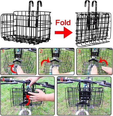 Складаний велосипедний кошик SUQ з чорною нейлоновою сумкою, сталева велосипедна корзина, для тварин, покупок, подорожей, кемпінгу та відпочинку на природі (Чорний)
