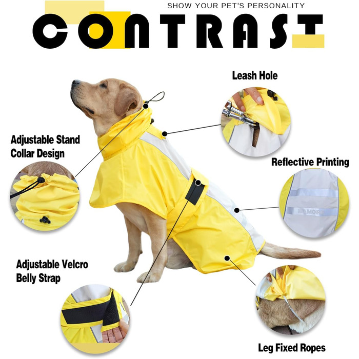 Дощовик для собак, водонепроникний, світловідбиваючий, регульований, дихаючий, з отвором для шлейки, для малих, середніх та великих собак (Жовтий та Білий, розмір XXXL)