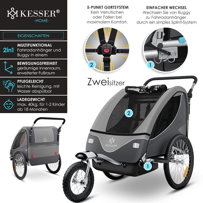 Дитячий велопричіп KESSER® 2в1 з поворотним механізмом 360° та амортизацією. Підходить для 1-2 дітей (до 40 кг). З п'ятиточковим ременем безпеки та сигнальним прапором. Колір: світло-сірий.