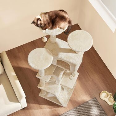 Кігтеточка велика Yaheetech 158 см, Кліматичний комплекс для котів з 3 платформами, 3 стовпчиками для шліфування, 2 будиночками, іграшками, бежевий, 49 x 49 x 158 см