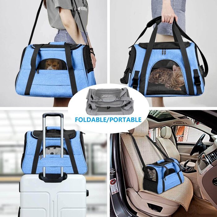 Транспортна переноска для собак та котів, складна, з м'якою підстилкою (блакитна)