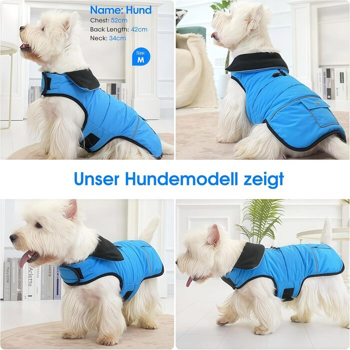 Конвініт Теплий водонепроникний зимовий одяг для собак - тепла куртка для маленьких собак з підкладкою, застібкою-липучкою та світловідбиваючими елементами, синій, S (обхват грудей 44 см)