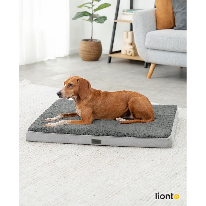 Ортопедичне ліжко для собак Lionto, 91x69x8 см, з м'яким плюшем, знімний та пральний чохол, водовідштовхувальне, для собак та котів, сірого кольору