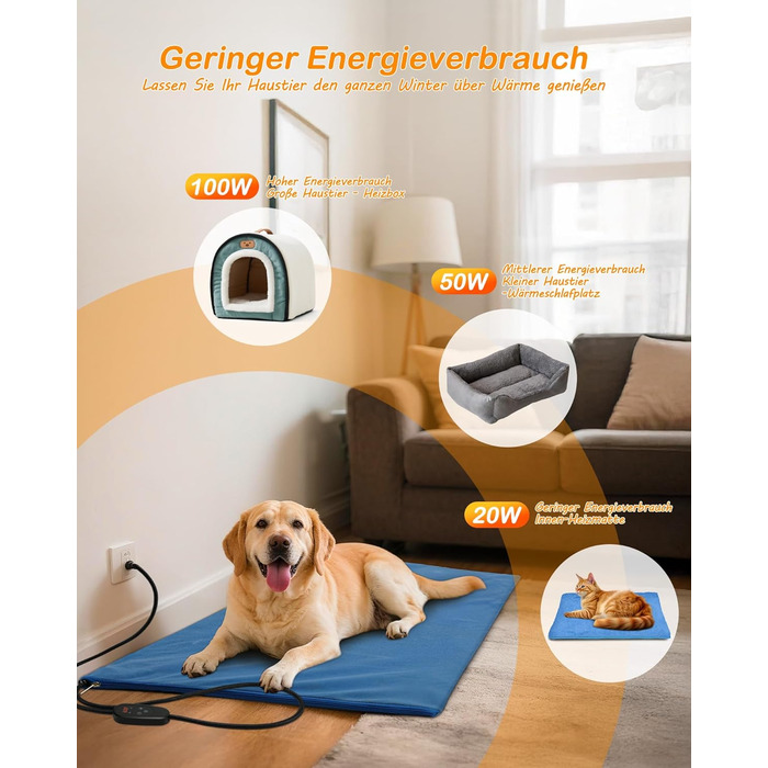 Грілка для домашніх тварин з регулятором, для котів та собак, 6 температурних режимів, таймер на 24 години, LED-дисплей, безпечна грілка з міцним кабелем (60x90 см, блакитна)