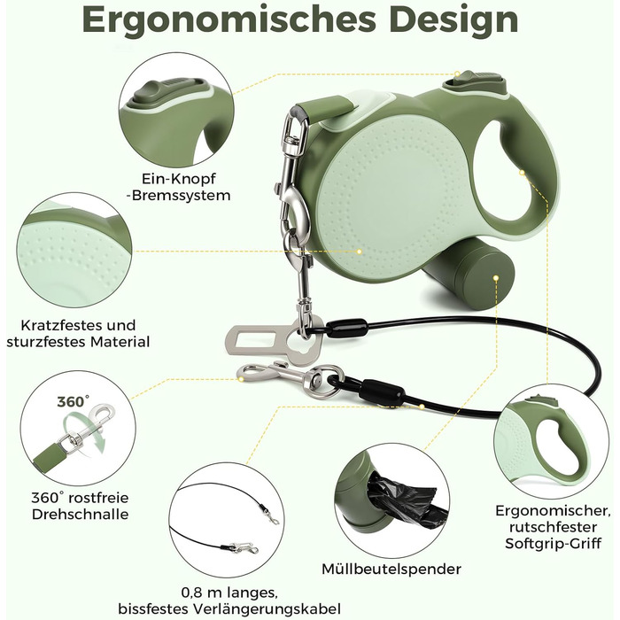 Рулетка для собак BMaobbo 8м, міцна сталева лебідка, тримач для відходів, антизаплутування, швидке гальмування, для собак до 50кг, для тренувань, лісу, пляжу