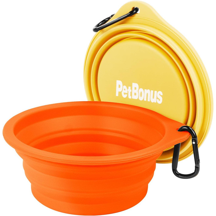 Складні миски для собак PetBonus, 2 шт. Силіконові миски для води та корму для собак, для подорожей, з карабіном (1000 мл, помаранчевий, жовтий)