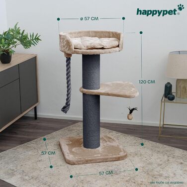 Дерево для котів HAPPYPET Felix 120 см, стійке, для великих порід, товсті стовпи 18 см, натуральний сизаль