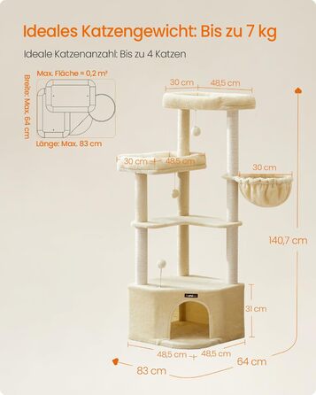 Дряпка для котів Feandrea, кігтеточка з великою затишною печерою, платформами, м'ячиками та лежанкою, 48,5 x 48,5 x 140,7 см, бежевий PCT009Y01