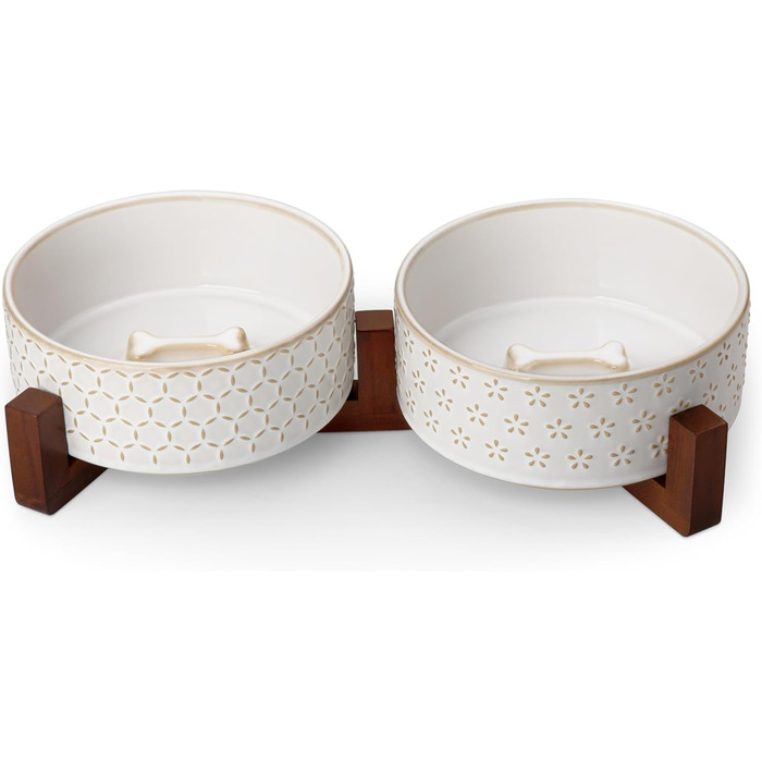 Набір мисок для собак Malacasa з підставкою з горіхового дерева, 3.5 чашок кераміки, миски для кормів та води для цуценят та собак, з антиковзним дном, підходить для собак та котів. В комплекті: п'ятилистове трав'яне добриво + стільнички.