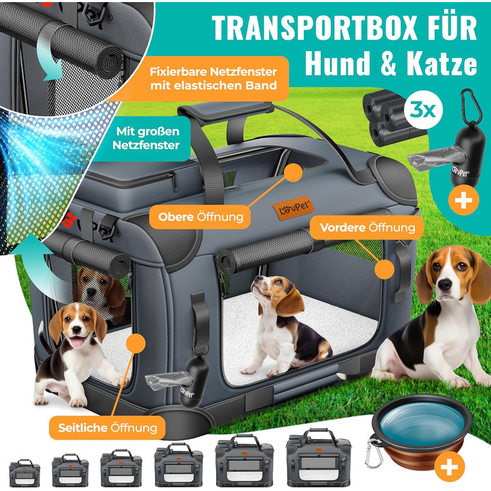 Транспортна переноска для собак та котів S 50x34x36 см | Складана переноска для тварин з мискою та плечовим ременем | для котів та собак, колір антрацит