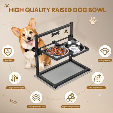 Підвищена годівниця для собак Sunowl, регульована по висоті та куту нахилу, 0-90°, 2 миски з нержавіючої сталі, повільне годування, не проливається, з килимком