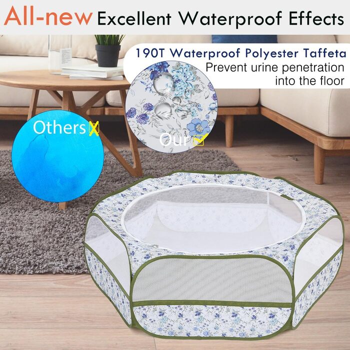 Pawaboo: Фрейгехеге для дрібних тварин, водовідштовхуваний, складаний, для кроликів, курей, кошенят, цуценят, кроликів, хом'яків. Візуальний вольєр з сіткою, блискавкою та нейлоновим дном (Синій + Білий квітковий принт)