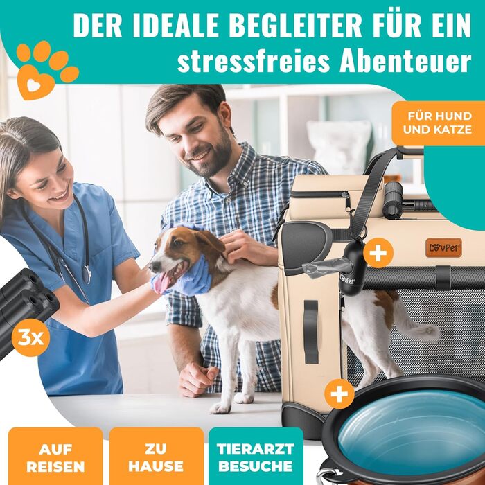 LOVPET® Транспортна переноска для собак та котів, 60x42x44 см | Складана переноска для тварин з мискою та плечовим ремінцем | для котів та собак, Бежевий M