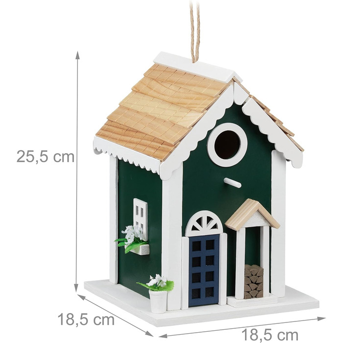Будинок для птахів Relaxdays, годівниця для диких птахів, для підвішування, розміри 25,5 x 18,5 x 18,5 см, дерев'яна пташня, багато кольорів