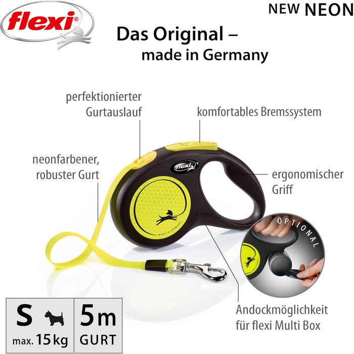 Пояс для собак Flexi Neon S 5 м чорний/неоновий жовтий з світловідбиваючими смугами, для собак до 15 кг