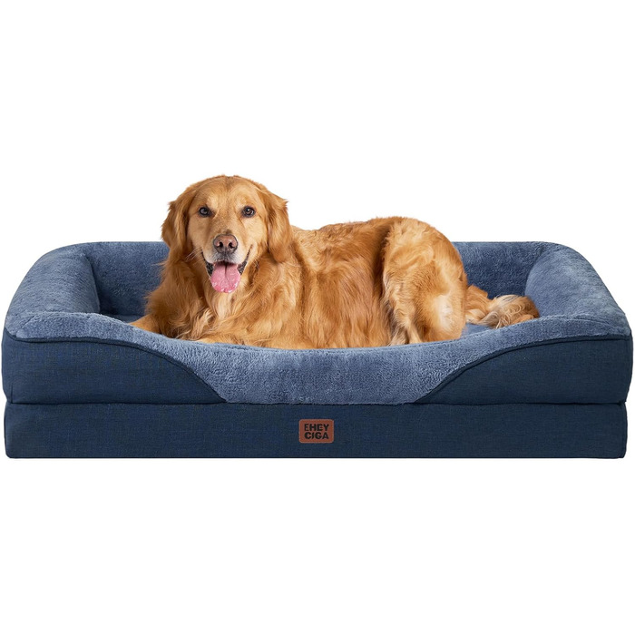 Ортопедичне ліжко для собак середніх порід, 91x68x17.5 см, з Memory Foam, миється та водонепроникне, кошик для собак з 4 бортиками, диванчик для собак, антиковзаюче, (106 x 76 x 18.5 см, Морська синя)