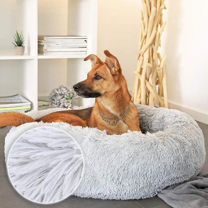 Кругле ліжко для собак та котів Lionto, Ø 80 см, сірий колір, м'який плюш, товста наповнювач, 80 x 80 x 24 см